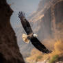 Big eagle is soaring over canyon and river