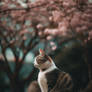 Beautiful cat under sakura tree