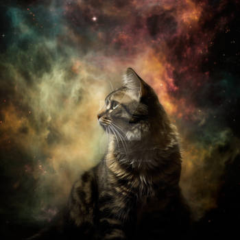 Cat on the background of a multi-colored nebula