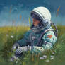Cosmonaut sees the dream of grass and Earth