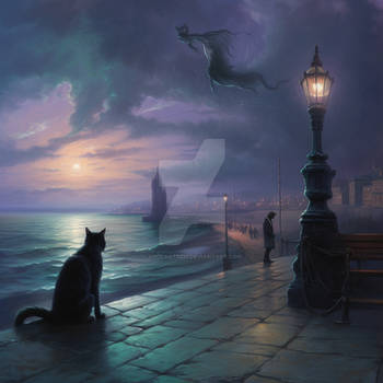 Surreal black cat near embankment and sea