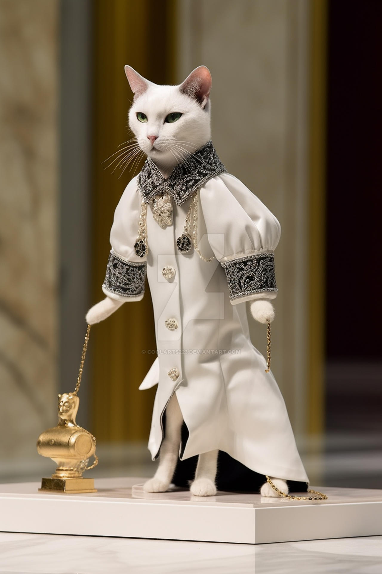 Cat wearing clothes on podium. Fashion show by Coolarts223 on