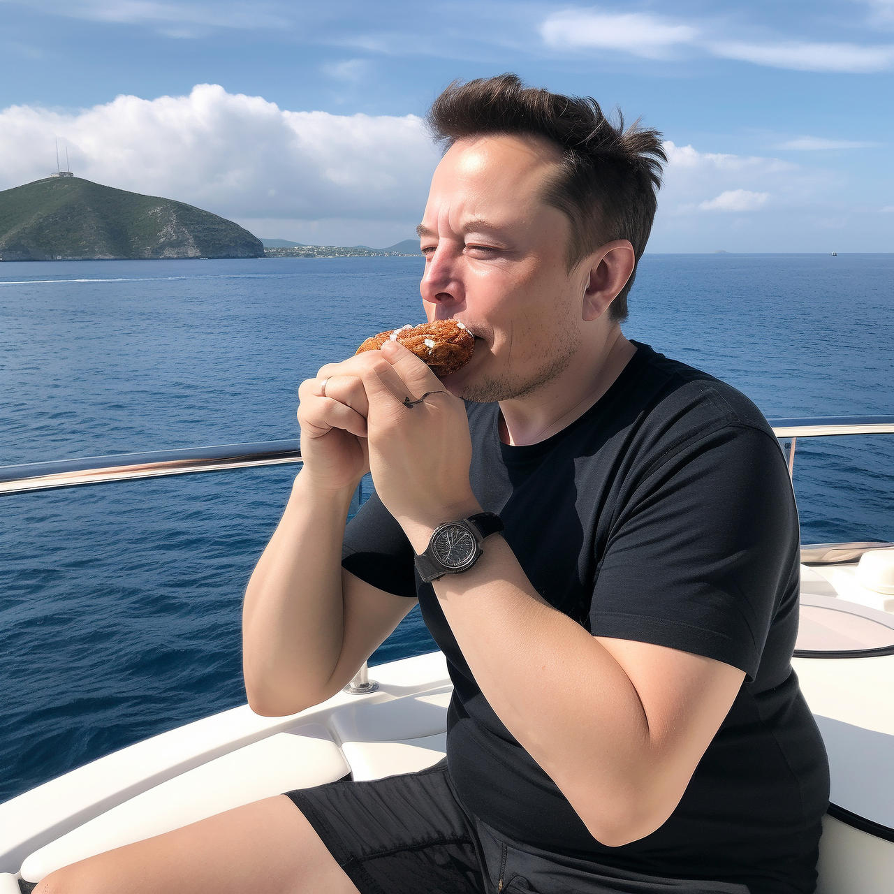 Elon Musk eating donuts in a boat on sea by Coolarts223 on DeviantArt