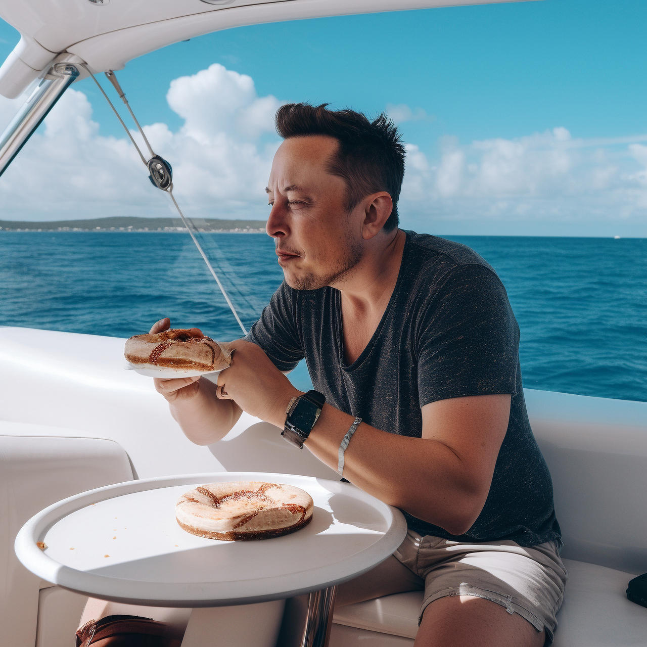 Elon Musk eating donuts in a boat on sea by Coolarts223 on DeviantArt