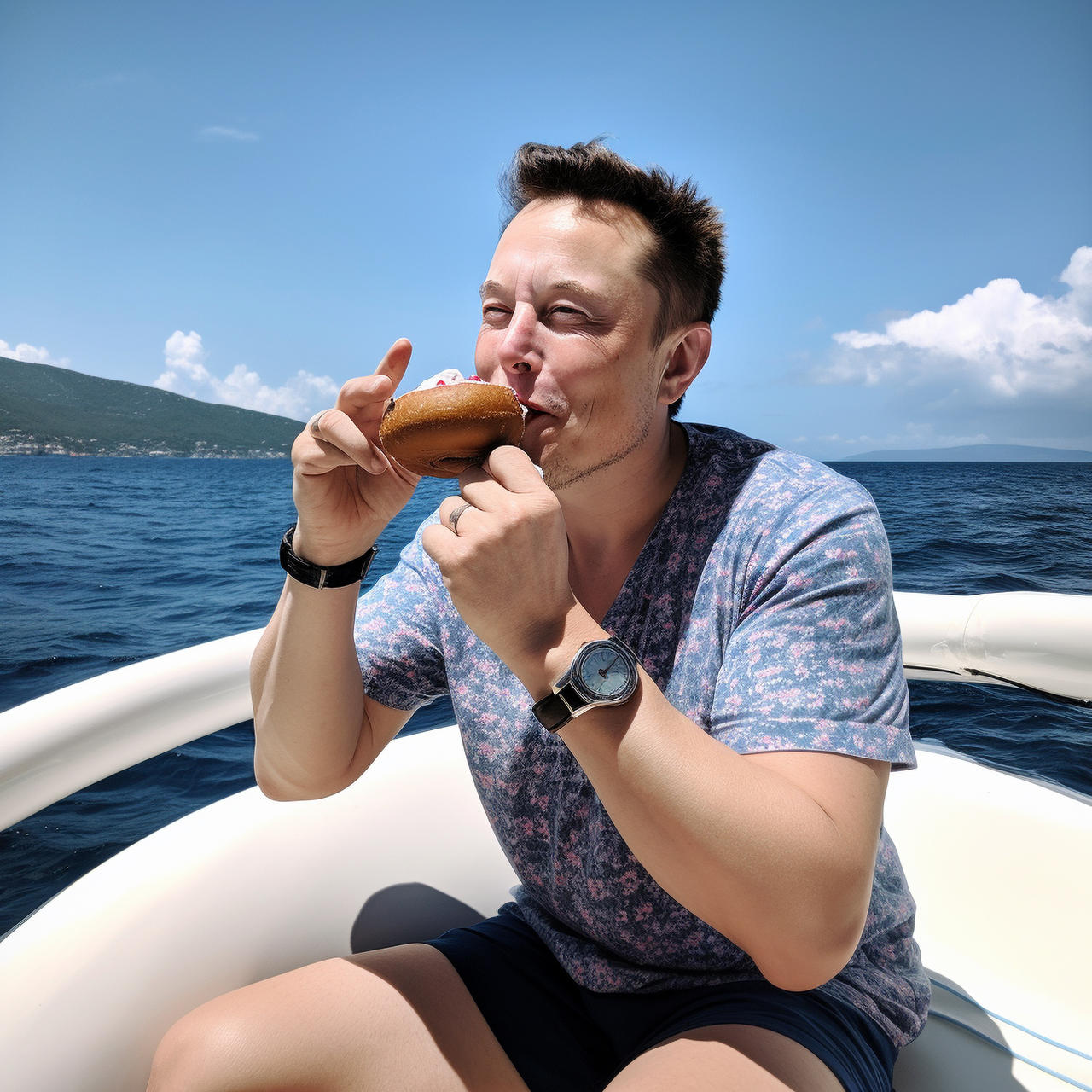 Elon Musk eating donuts in a boat on sea by Coolarts223 on DeviantArt