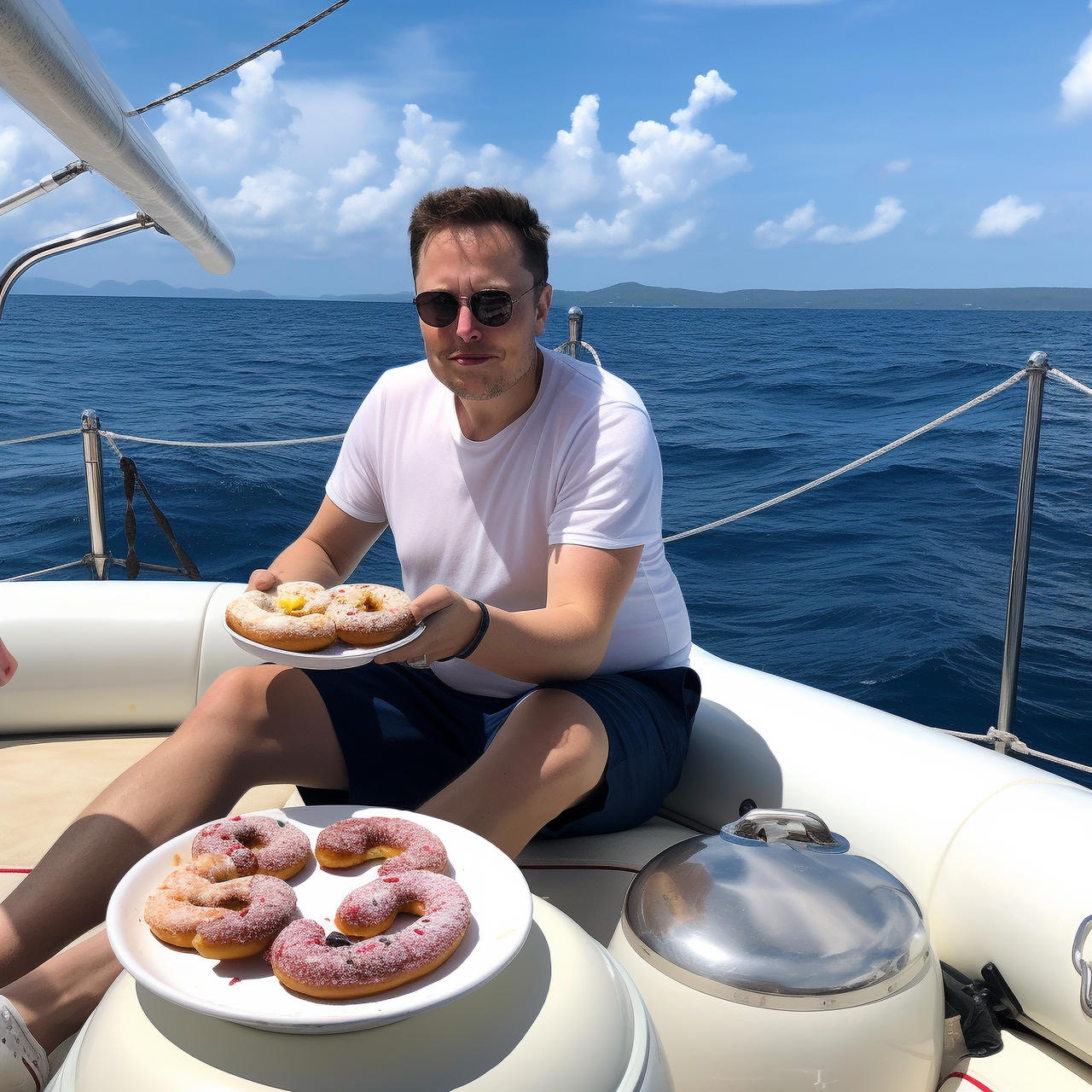 Elon Musk eating donuts in a boat on sea