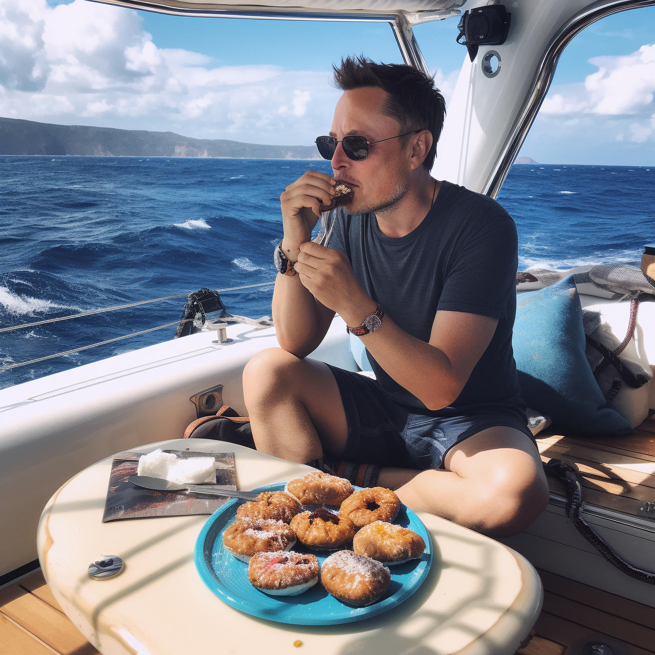 Elon Musk eating donuts in a boat on sea