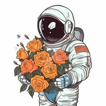 Cosmonaut holding flowers. White background