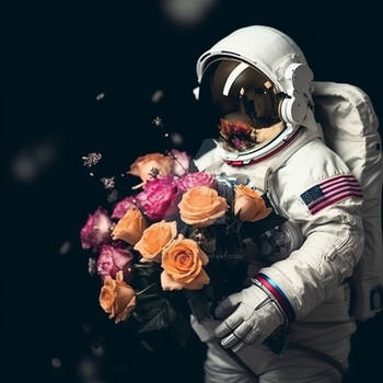 Cosmonaut holding bouquet of roses