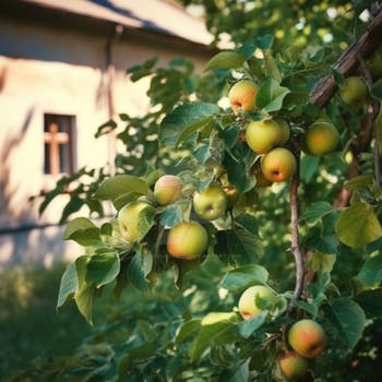 Apple tree near village wooden house