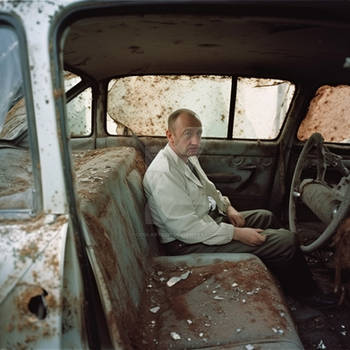 Sad man inside old rusty broken car. Photoshoot