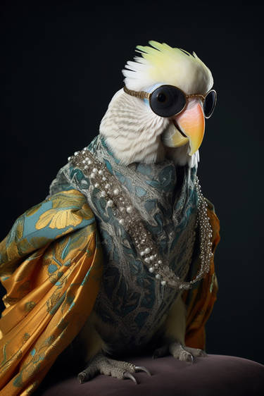 Stylish cockatiel. Fashion photoshoot