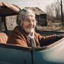 Cheerful grandma drives the rusty retro car