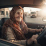 Cheerful grandma drives the rusty retro car