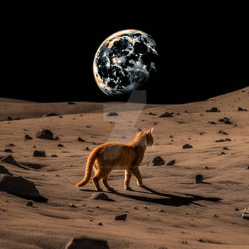 Orange cat walking on moon surface