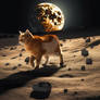 Orange cat walking on planet surface outer space