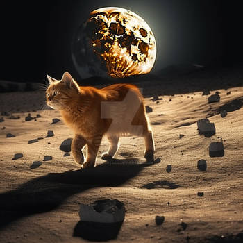 Orange cat walking on planet surface outer space