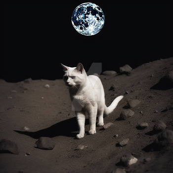 White cat walking on planet surface outer space