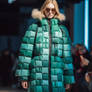 Woman wearing coat in style of Minecraft