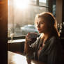 Young woman in a cafe in early morning