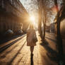 Young woman walking on street in early morning