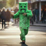 Person in Creeper Minecraft costume, with coffee
