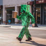 Person in Creeper Minecraft costume, with coffee