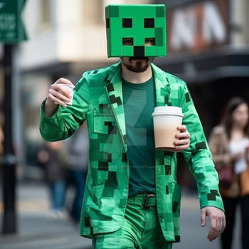 Person in Creeper Minecraft costume, with coffee