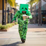 Person in Creeper Minecraft costume, with coffee