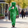 Person in Creeper Minecraft costume, with coffee