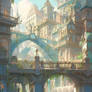 Fantasy cityscape painting. Vertical wallpaper