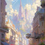 Fantasy cityscape painting. Vertical wallpaper