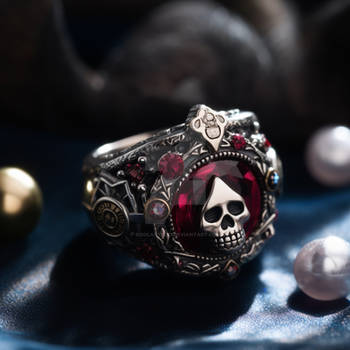 Pirate's jewelry ring with skull and red gem