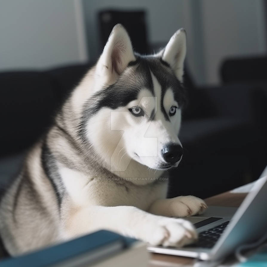 Husky dog working on laptop by Coolarts223 on DeviantArt