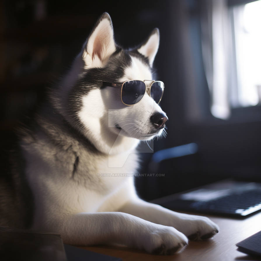 Husky dog in sunglasses working on laptop by Coolarts223 on DeviantArt