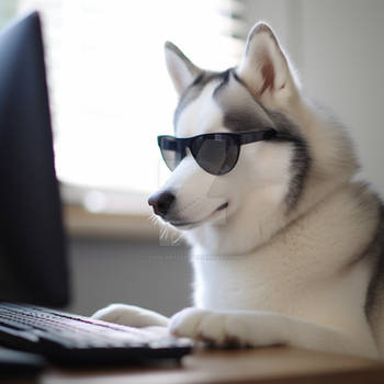 Husky dog in sunglasses working on laptop