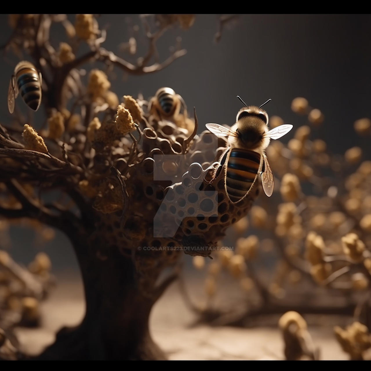 Unusual hive with bees. Ai generated by Coolarts223 on DeviantArt