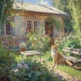 Oil painting of cat in summer village