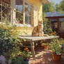 Oil painting of cat in summer village