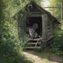 Oil painting of cat in summer village
