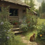 Oil painting of cat in summer village