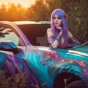 Girl with purple hair, sitting in her car