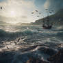 Caribbean sea with pirate ship