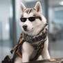 Traveler husky dog with sunglasses and luggage