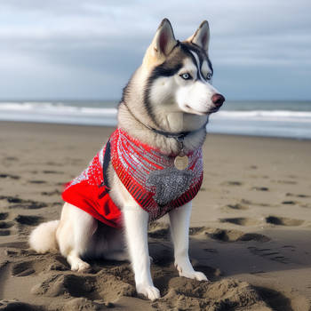 Husky dog on seashore. Wearing red clothes