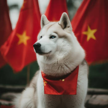 Husky dog on a background of Chinese-like flags