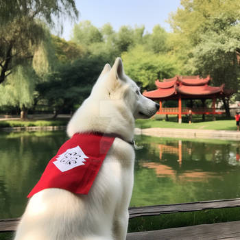 White husky dog in summer Chinese park