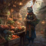 Anthropomorphic cat grocer, in exotic market
