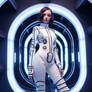 Woman wearing fashion clothes, futuristic style