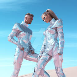 Couple wearing fashion clothes, futuristic style